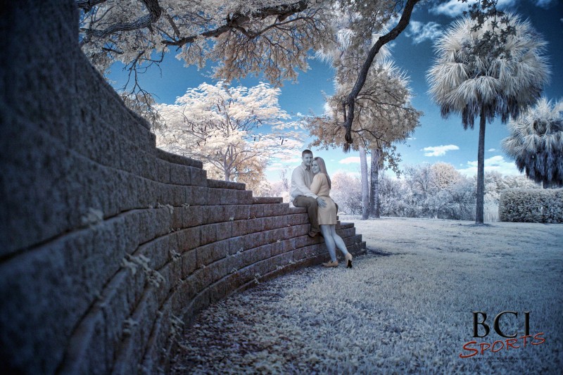 An infrared engagement session image from Indian Riverside Park